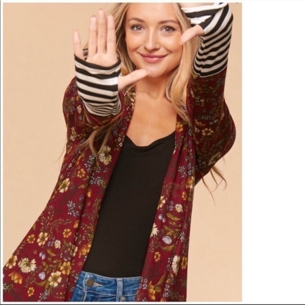 Burgundy Floral Stripe Knit Sweater Cardigan